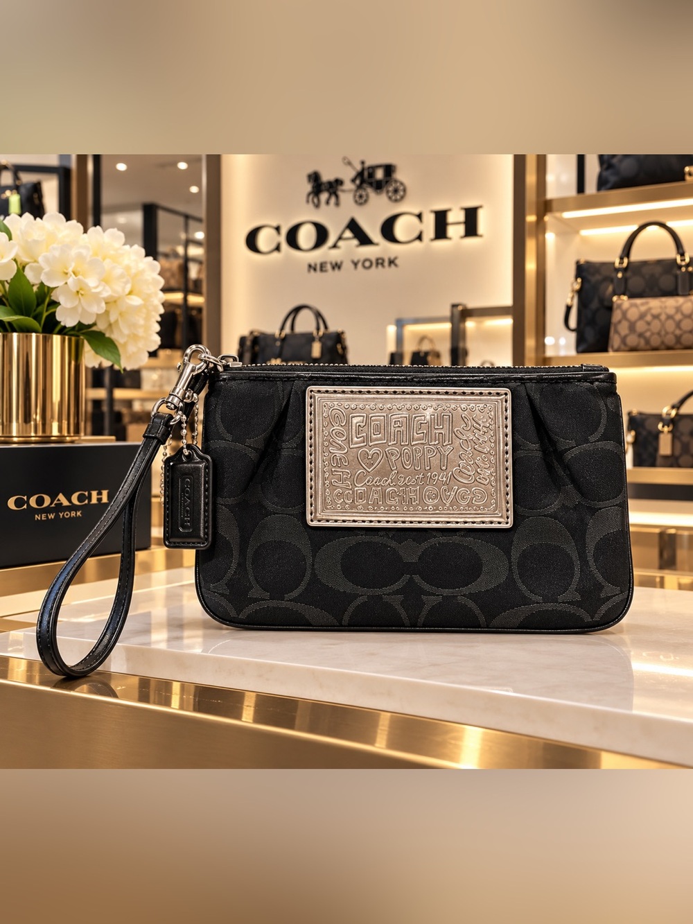 Coach Poppy Black Signature Wristlet with Silver Plaque